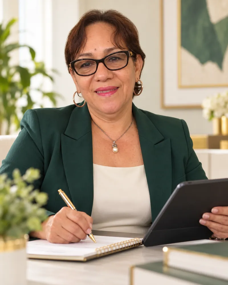 Olga Martínez Villoria revisando documentos en su escritorio
